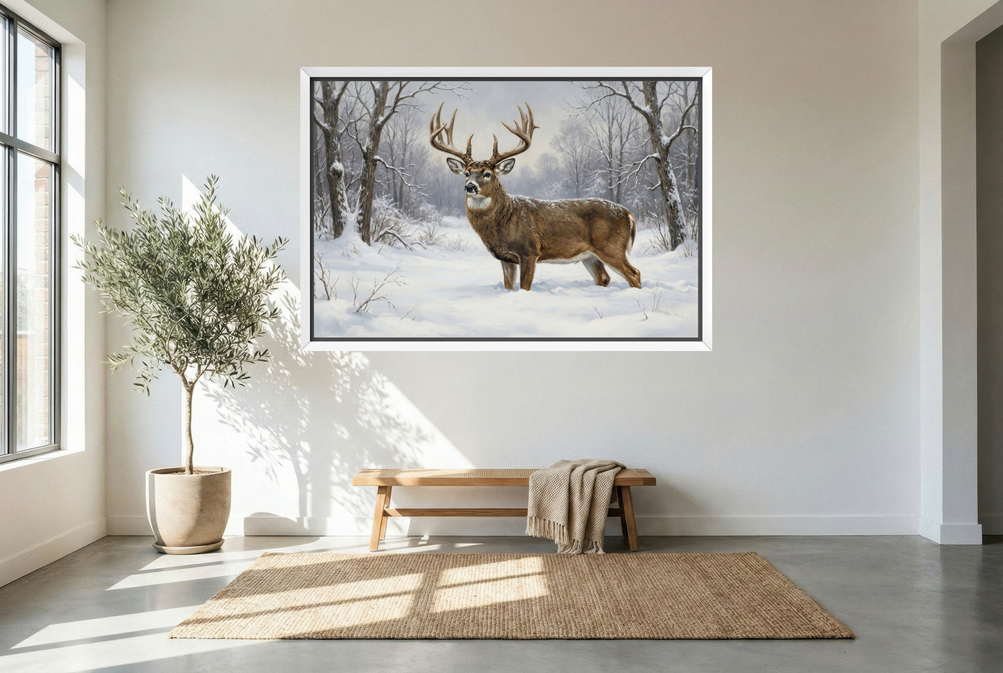white floating framed canvas art of a winter yard whitetail buck in the deep snow of winter