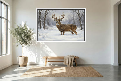 white floating framed canvas art of a winter yard whitetail buck in the deep snow of winter