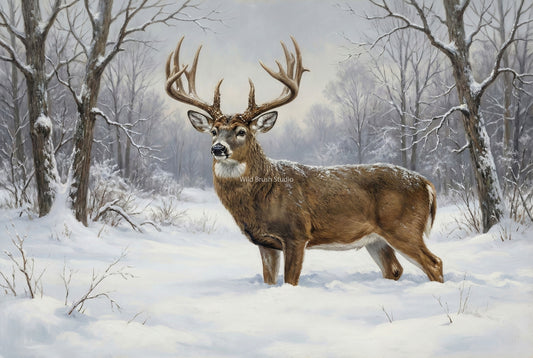 winter yard whitetail buck in the deep snow of winter oil painting paper art print