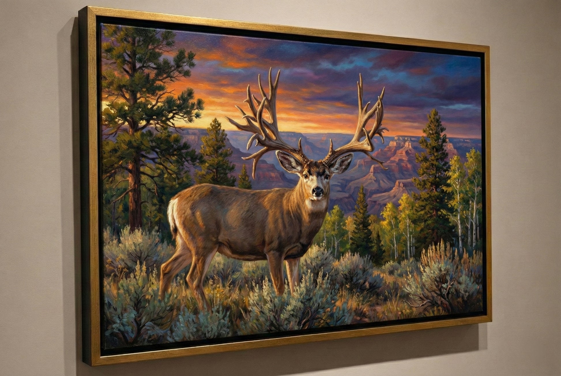 gold floating framed canvas trophy room art of 306” world record mule deer sheds found on the kaibab plateau