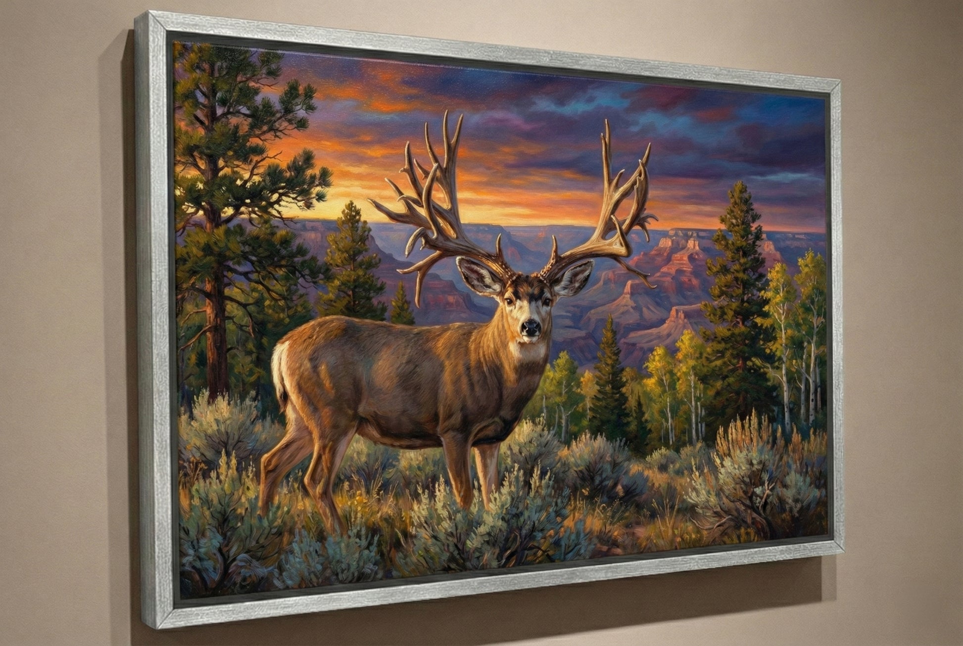 silver floating framed canvas big game artwork of 306” world record mule deer sheds found on the kaibab plateau