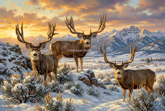 Wyoming Living Legends oil painting art print featuring Popeye Goliath and Morty mule deer on archival paper