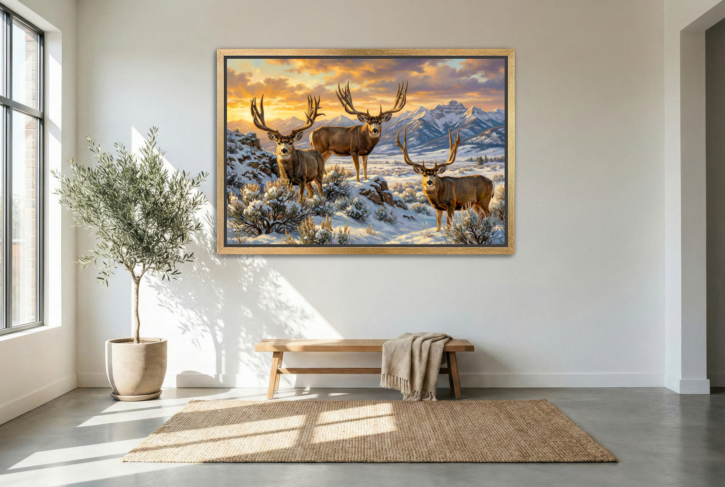 Gold floating framed canvas trophy room art of historic Wyoming mule deer legends