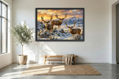 Black floating framed canvas art of massive Wyoming bucks Popeye Goliath and Morty
